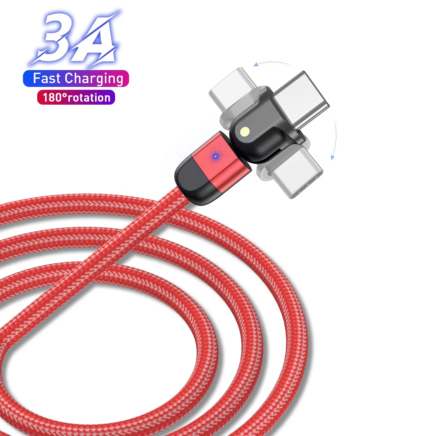 

USLION 0.5m/1m/2m 180 Degree Rotate Cable LED Type C Cable Fast Charge Type-C Mobile Phone Charging Wire For Huawei P40 Pro, Black/red/silver/purple