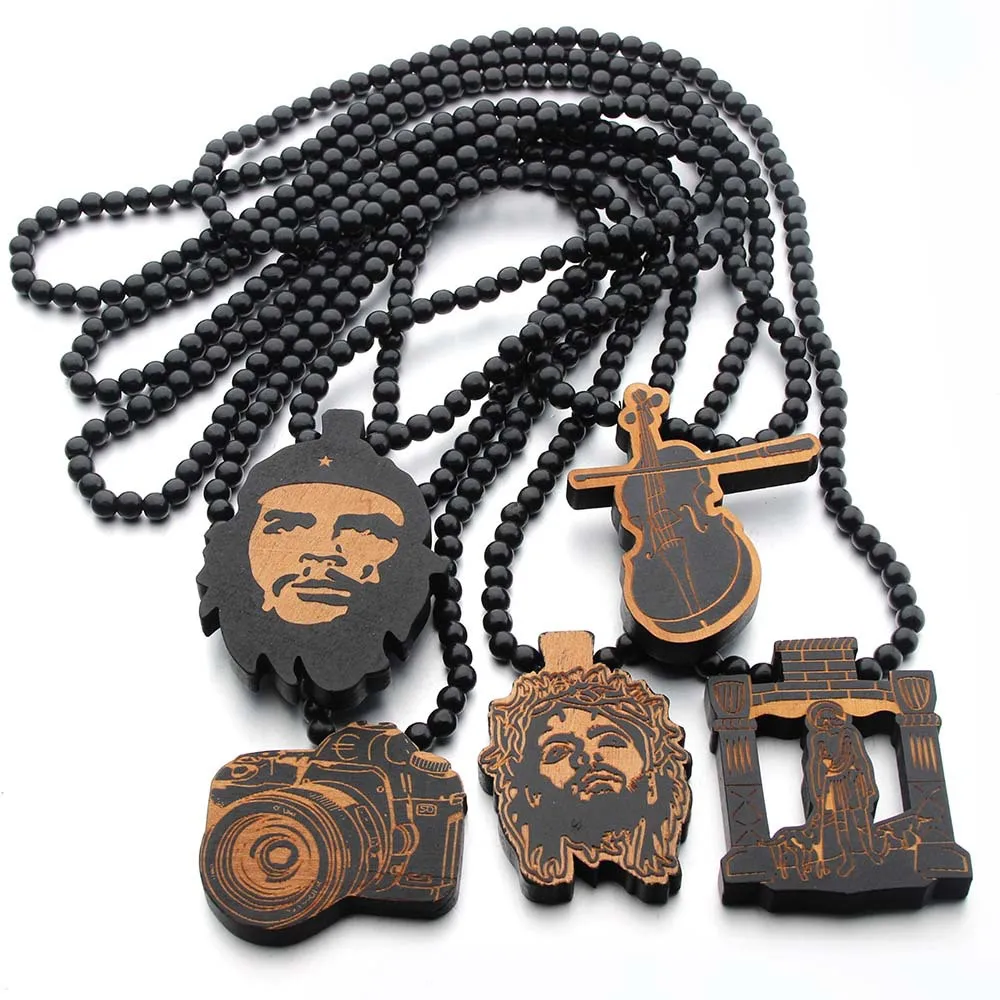 

men hip hop Pattern wooden beaded Pendant Necklace