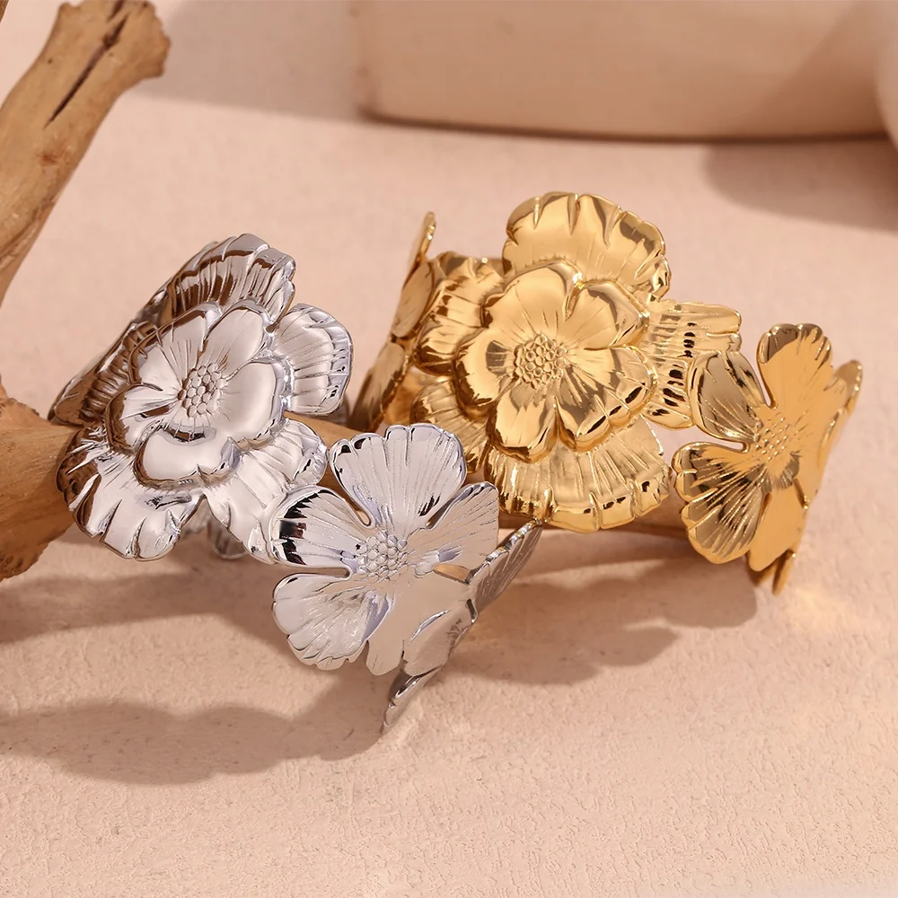 

2024 Fashion Exaggerated Flower Cuff Bangle Gold Plated Statement Jewelry 316L Stainless Steel Titanium Jewelry