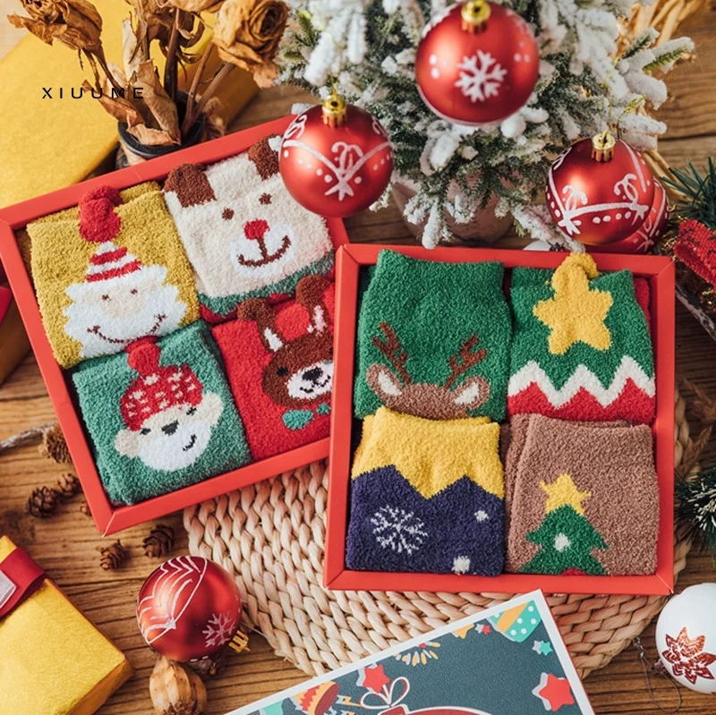 

2020New design socks women kids gift box cute cartoon winter fuzzy christmas socks