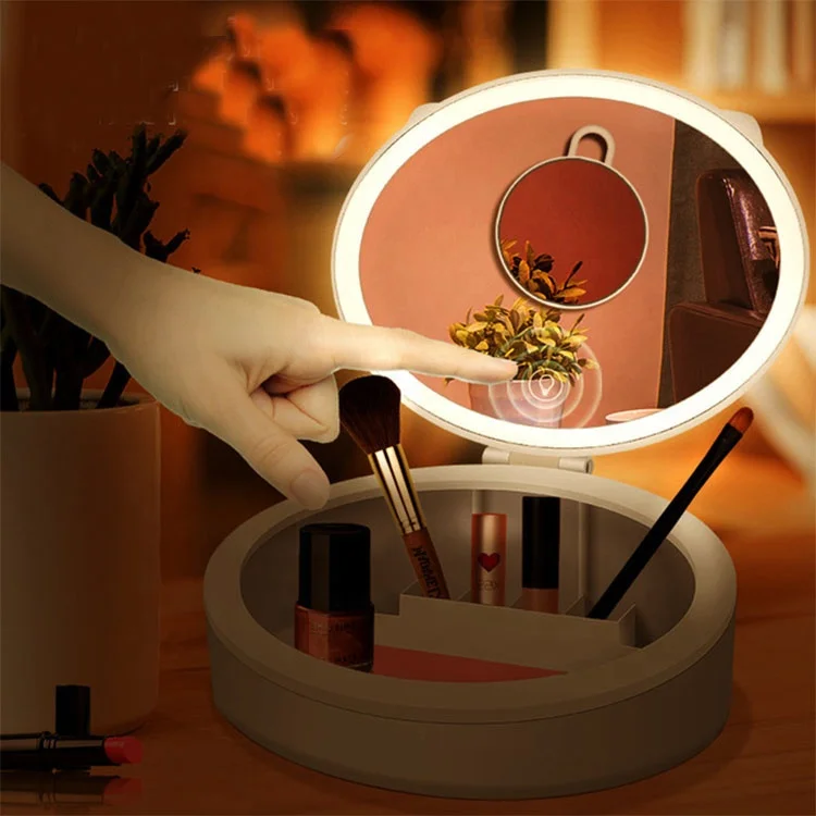 

2021 Makeup Box with LED Mirror Touched Screen 10x Magnifying Desktop Storage Box, Pink, white