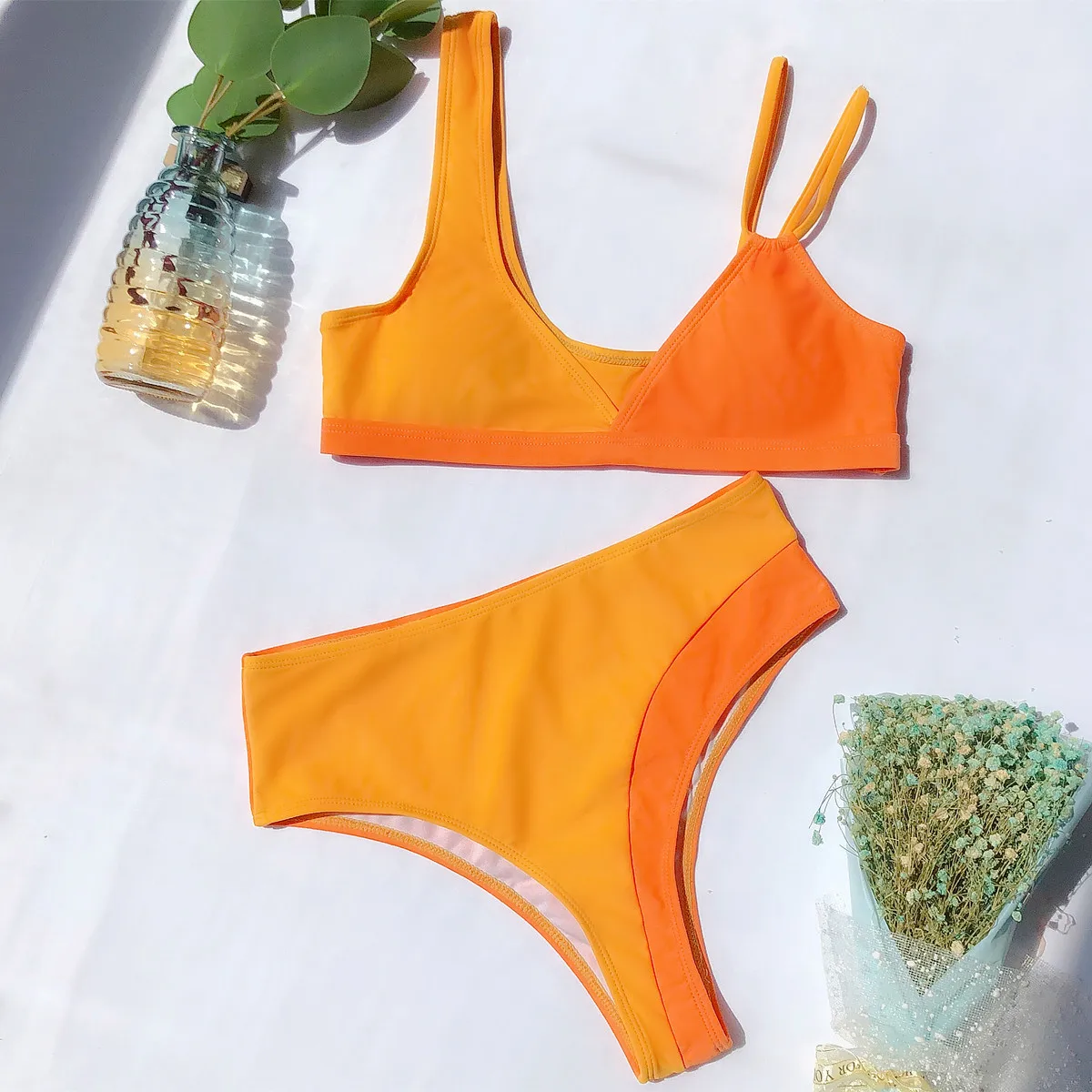 

Hot selling orange triangle 2 pieces swimsuit ladies