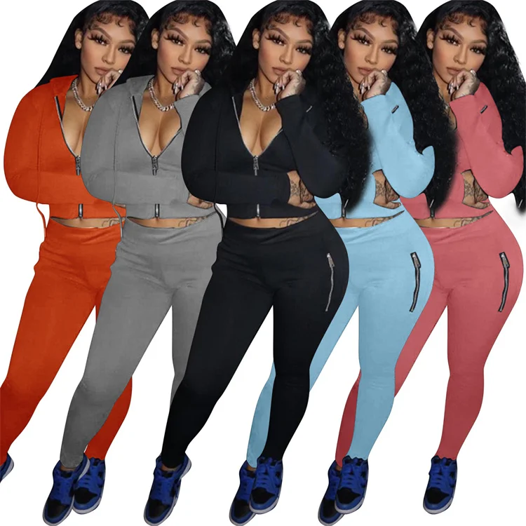 

Autumn Winter Zipper Cardigan Crop Top Sexy Sweatshirt Set Women Sweatpants And Hoodie Set, Picture color