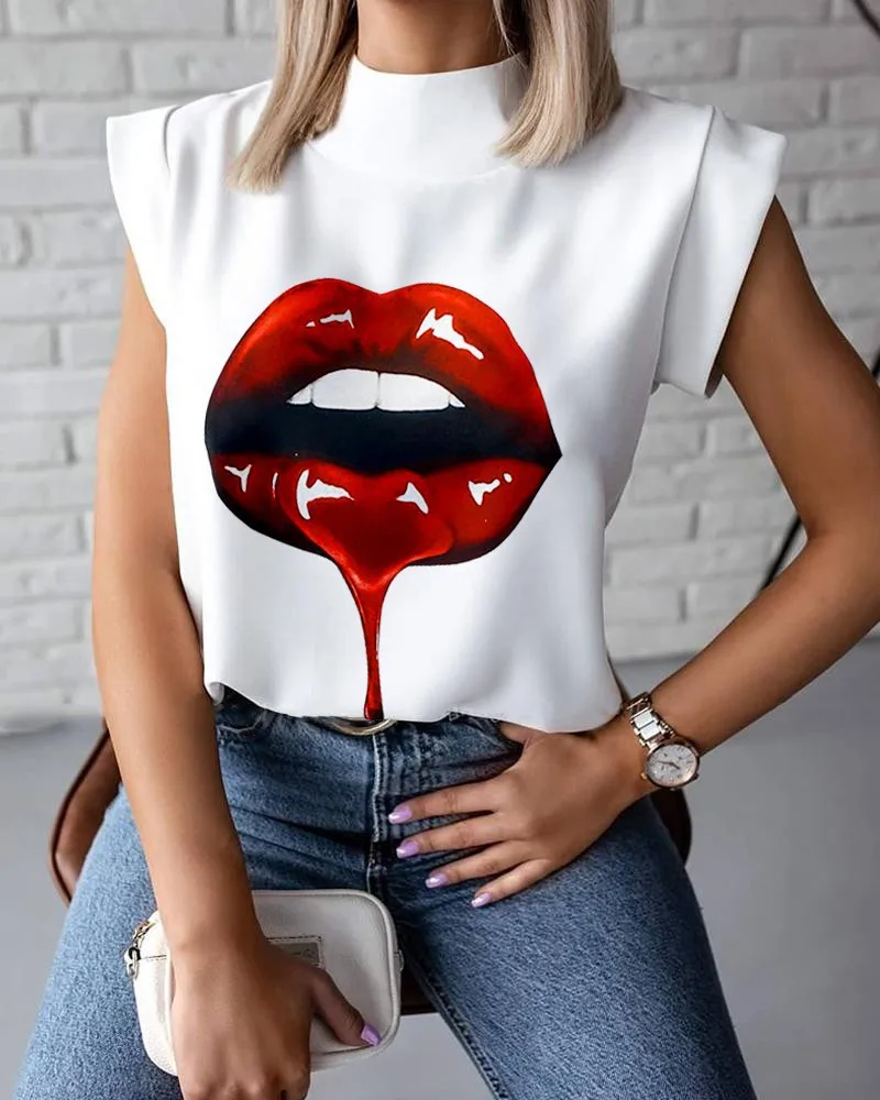 

Summer simple stand-up collar lip printing ladies shirt top women's clothing, As pictures