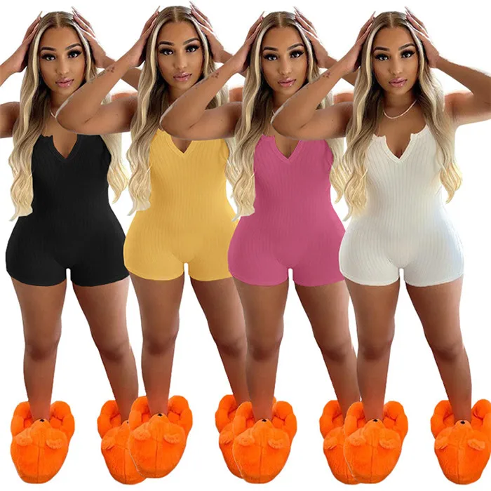 

G8114-hot saling product 2021 solid color rib short jumpsuit summer jumpsuits women shorts, Picture shown