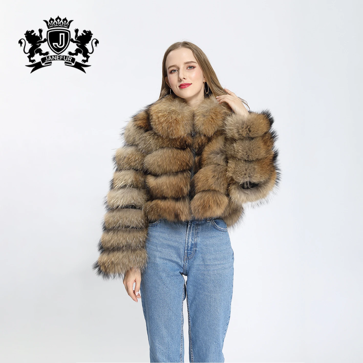 

Janefur Winter Real Fur Coats for Lady Custom Color Natural Brown Raccoon Short Jacket Soft Long Fur Women Furry Coat, 31 colors for stock, customized color