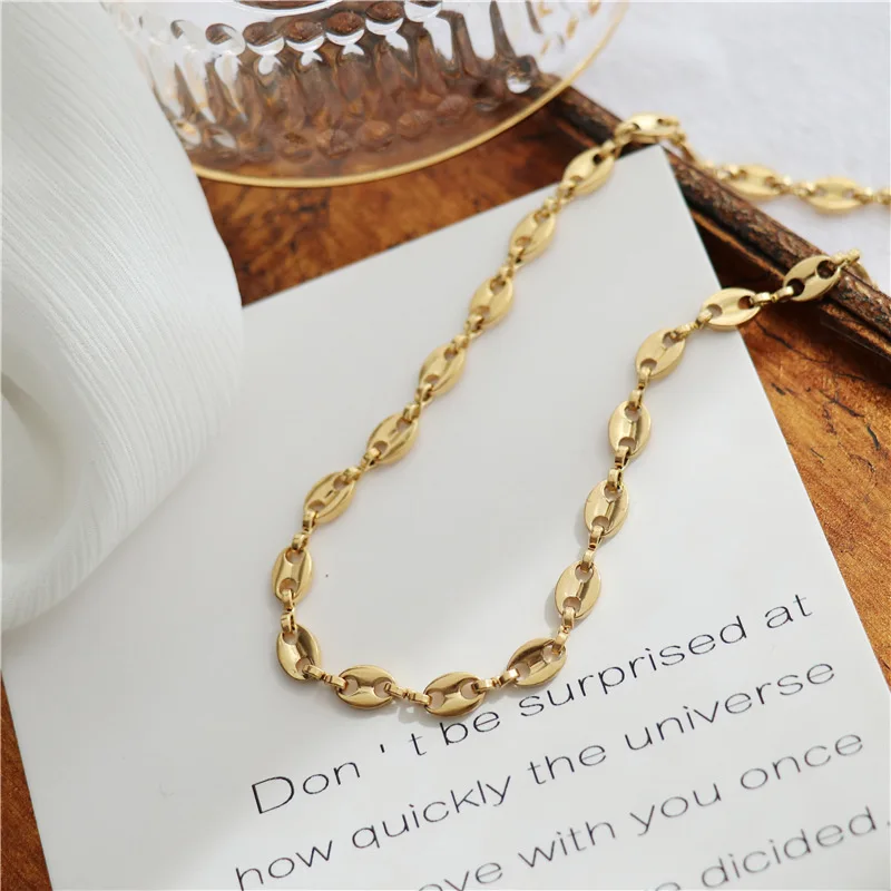 

Hot Selling Stainless Steel Jewelry 18K Gold Plated Oval Coffee Bean Link Chain Necklace Women, As the picture