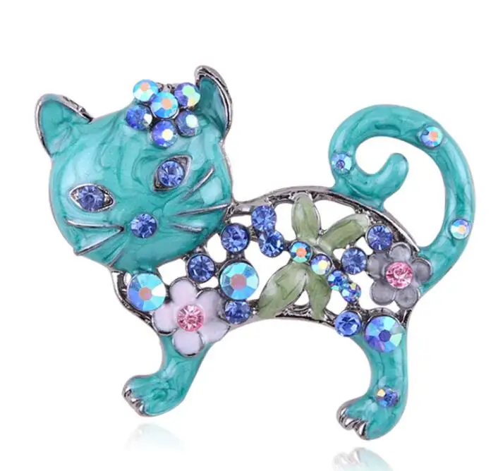 

Free Shipping 36mm Lovely Rhinestone Enamel Animal Cat Brooch Pins For Cat Lovers, Blue color