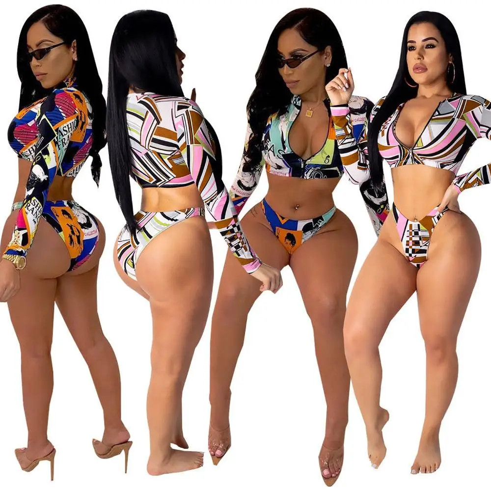 

2020 new arrivals Fashion Sexy V-Neck Front Zipper Color Printed 2 Pieces set Beach Wear women Swimsuit, Picture show