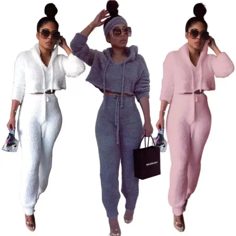 

J&H 2022 fall winter sherpa hoodie and joggers women 2 piece pants set sweatsuit fashionable warm clothes