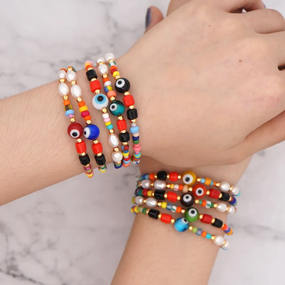 

Beach Jewelry Irregular Colorful Boho Resin Beads Bracelet Bohemian Ethnic Beaded Oil Drip Eye Charm Bracelet for Women Girls