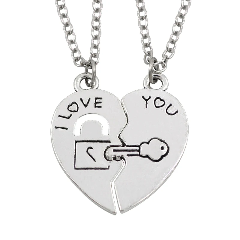 

Wholesale Valentine Necklace I Love You Letters Key and Lock Heart Pendant Necklaces, Silver color