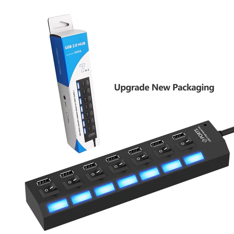 

Upgrade New Packaging Multi Port USB Hub 2.0 Adapter High Speed 7 Ports Hub USB With On/Off Switch Portable USB Splitter