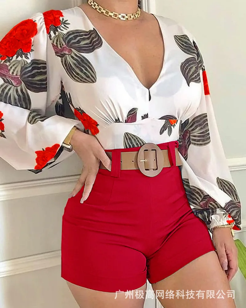 

V Neck Tropical Print Long Sleeve Top & Shorts Set