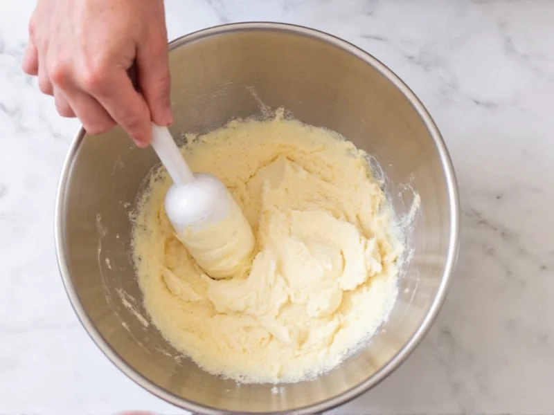 Hand folding vanilla ice cream mixture in stainless steel bowl