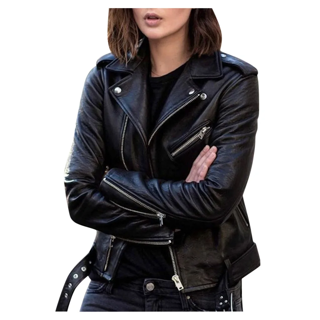 

Women's New Tops Motorcycle Leather Jacket Wholesale Black Ladies Zipper Plus Size Women's Autumn Coat