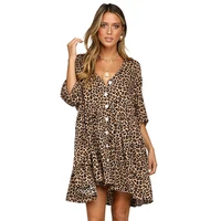 

Fashion Leopard Print V Neck Button Half Sleeves Swing Dress Causal Maxi Dress