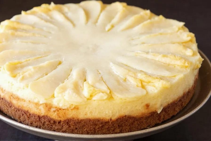 Finished ginger pear cheesecake with caramelized pears arranged artfully on top, golden crust visible, creamy filling, professional food photography
