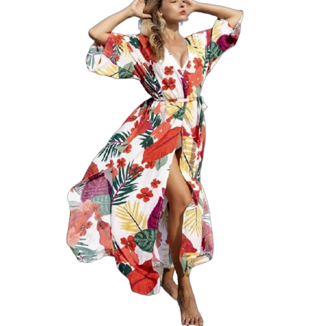 

2021 Summer Sexy Women Beachwear Full Floral Self - Lace Chiffon And Garment Long Kimono