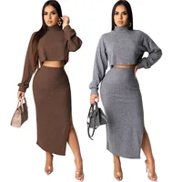 

91103-MX92 sehe fashion autumn turtleneck 2 piece sets split dress for woman wear