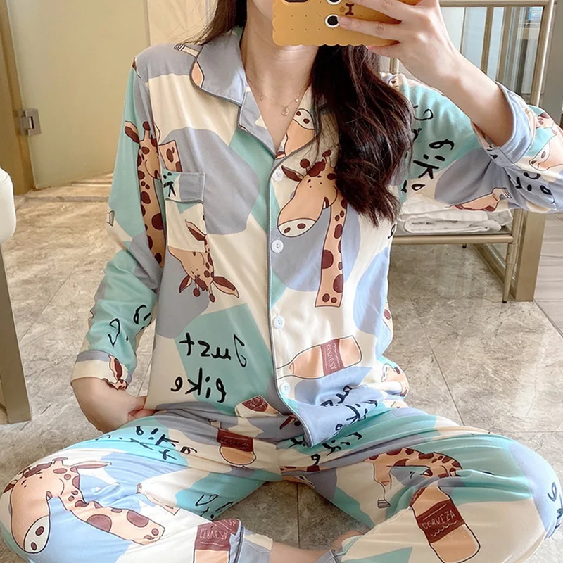 

2021 Autumn Women Pajamas Sets Cute Print Fashion Female Homewear Cotton Shirts Pants Two Pieces Suit Night Sleepwear