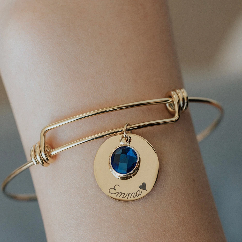 

DIY Engrave Birthday Gifts Stainless Steel Expandable Wire Bangle Bracelets Personalized Name 12 Birthstone Charm Bracelet
