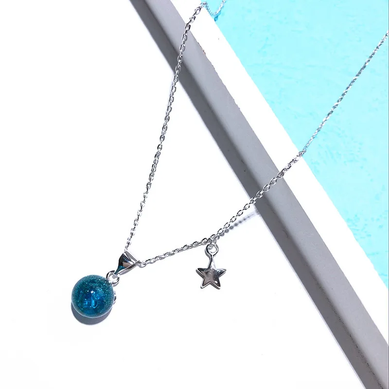 

JuHu 925 Sterling Silver Starry Sky Necklace Female Korean Version Simple Blue Crystal Pendant Clavicle Chain Necklace, Blue crystal pendant one price