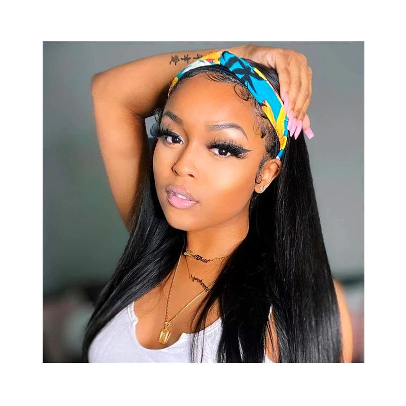 

Short Long Bob Brazilian Colored Human Hair 8 to 30inches Straight Headband Wig for Women Black with Headband Attached