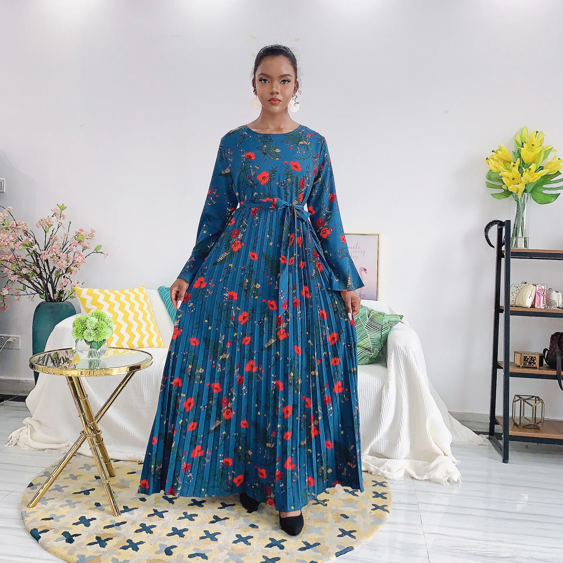 

Elegant long sleeve evening dress casual muslim dress, Blue