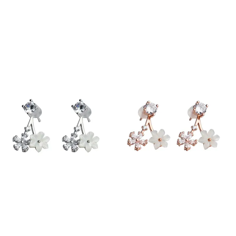 

925 Sterling Silver Combination Natural Shell Flowers Zircon Earrings