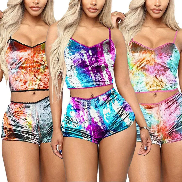 

2021 Fashion Ladies Two Piece Sleepwear Set Sexy Shorts sleepwear for Women pajama shorts Tie dye Sling Pajama Set, Picture shows