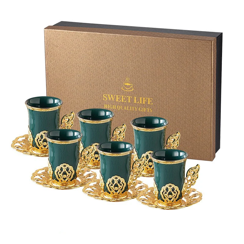 

Vintage High Quality 120ml Turkish Arabic Coffee Cup Saucer Gift Set with Gold Rim 12PCS, White ,pink