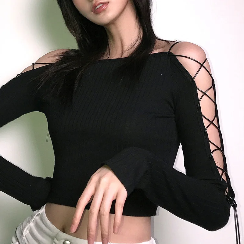 

FS3212A Autumn and winter new style pure color slim off shoulder women crop T-shirt