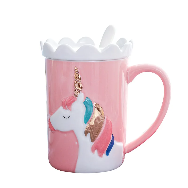 

Seaygift wholesale embossed animal shape cup pink 3d cartoon unicorn ceramic coffee mugs for kids with lid and spoon, Pink/blue