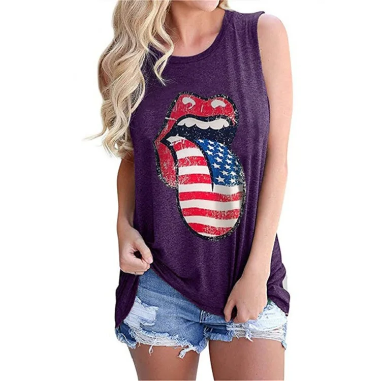 

Womens Kiss Leopard Lip Tank Tops Funny Sleeveless American Flag Lips T-Shirts