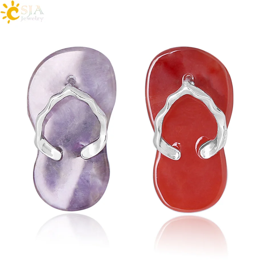 

CSJA fashion jewelry crystal slipper pendant natural stone flat bead purple crystal onyx flip flop shoe pendant women men F332