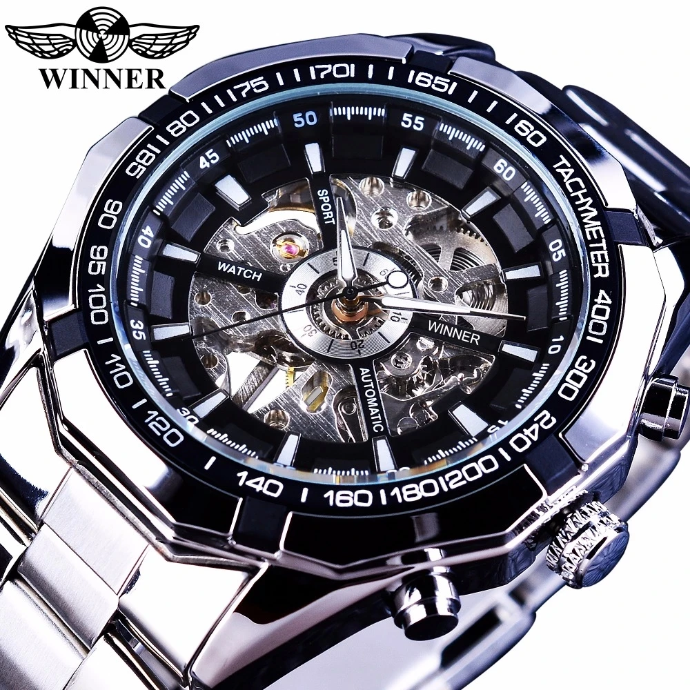 

Winner Men Sport Skeleton Stainless Steel Designer Watch Top Brand Luxury Automatic Casual Mechanical Watch Clock Men Wristwatch, 2-colors