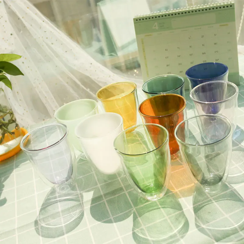 

High Borosilicate Glass Eco-friendly Double Wall Glass Cup Glitter Wine Tumbler Cups, Clear,blue,amber,dark amber,teal,green,milk green
