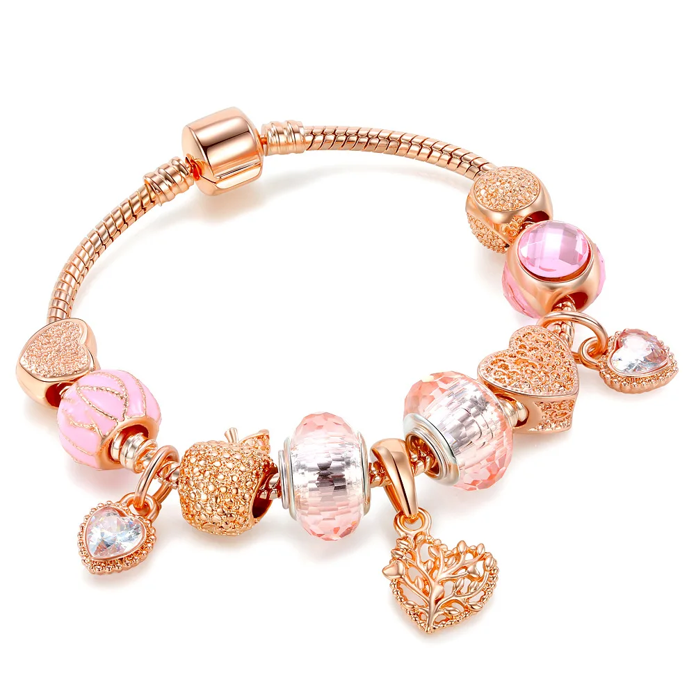 

Pretty Lovely Rose Gold Plating Crystal Heart Charm Bracelet DIY Pink Drop Oil CZ Zirconia Tree Of Life Heart Charm Bracelet