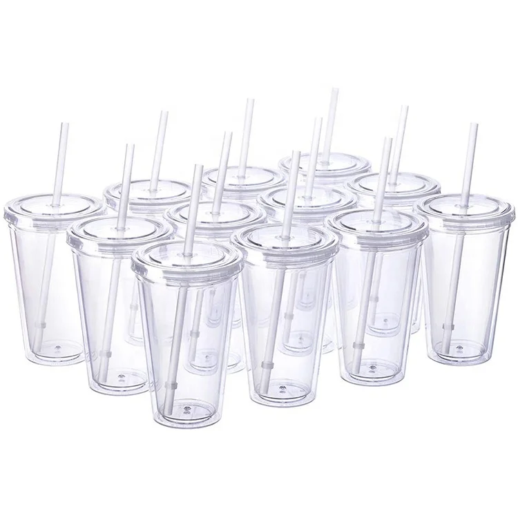 

Classic Blank Plastic 16 oz Clear Drinking Tumbler Insulated Double Wall Tumbler Cup with Lid and Reusable Straw, Customized color