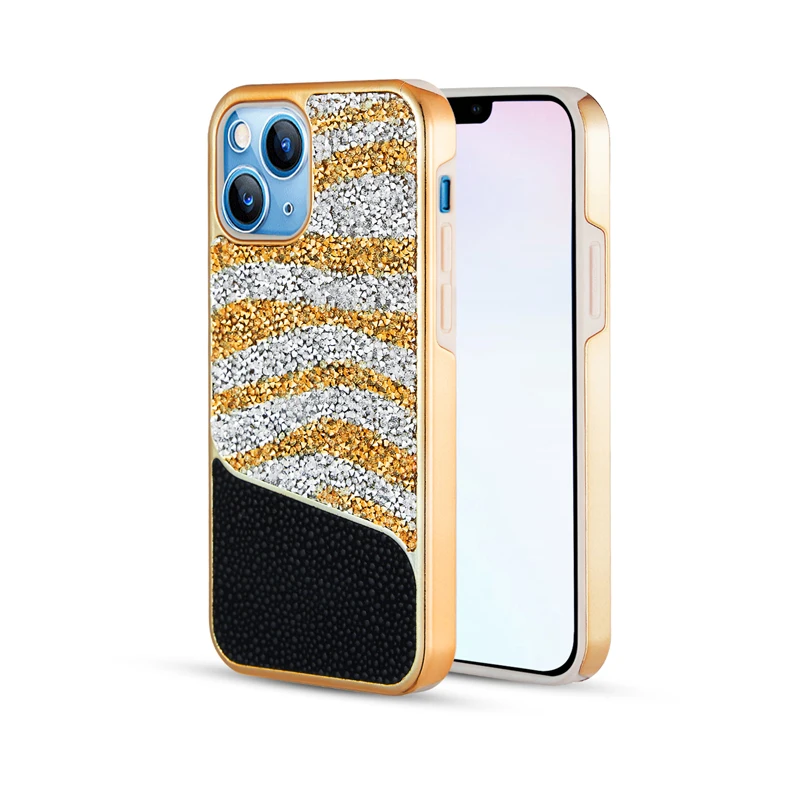 

New Design Fashion Leopard Print Phone Case For iPhone 13 12 11 Pro Max Creative Stitching Bling Diamond Shockproof Case