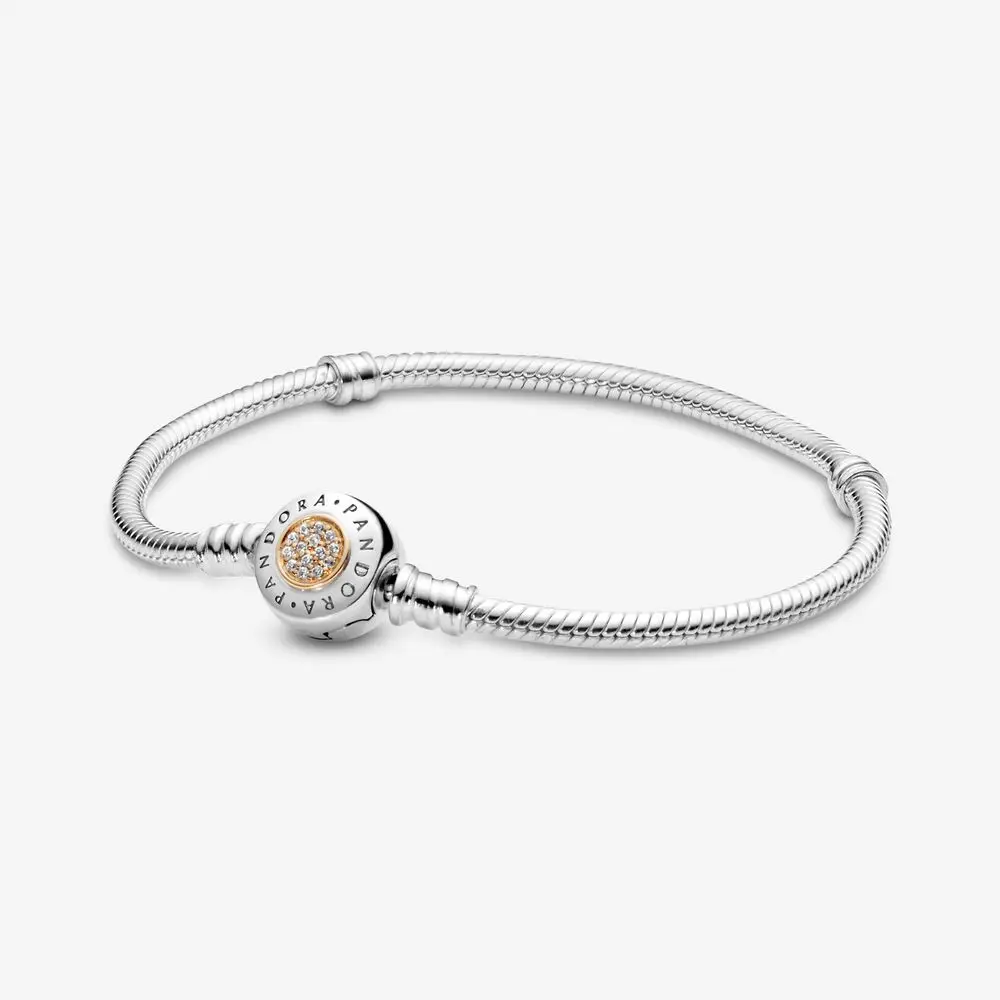 

925 Sterling Silver Moments Charm Cubic Zirconia Bracelet Round Clasp Logo Bracelets Fit Pan Charm For Women Children, Silver / rose gold / gold