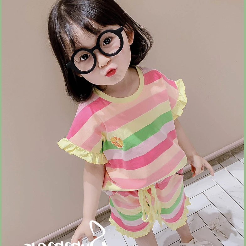 

2020 Girls suit striped wood ears rainbow T-shirt and shorts kids clothing set