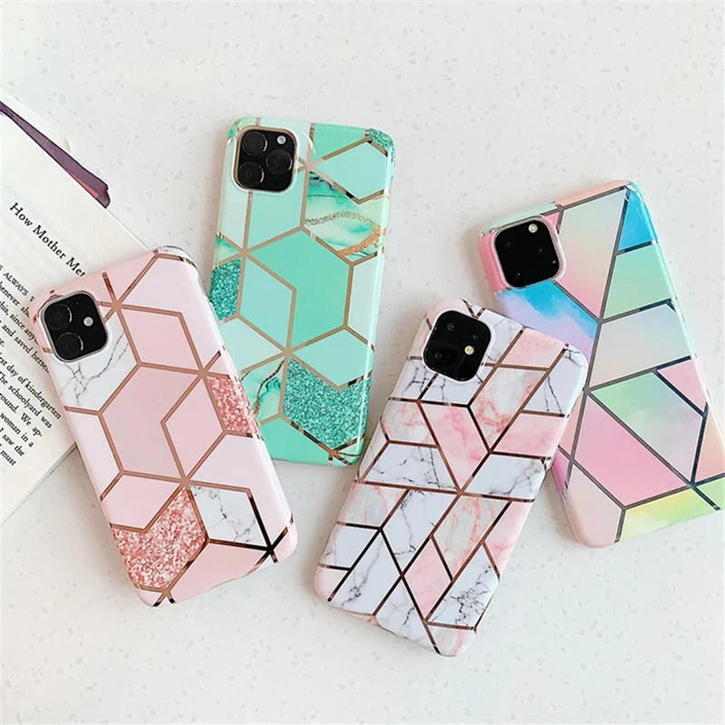 

Plating Chromed Luxury Marble Geometry IMD TPU Soft Contrast Color Phone Case For Iphone 12 2020 11 Pro XS MAX XR X 8 7 Covers, As picture