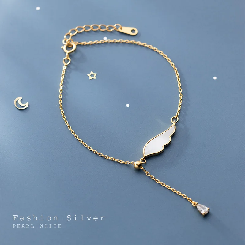Korean Style S925 Sterling Silver Shell Angel Wing Bracelet 18K Gold Plating Pure Silver Waterdrop CZ Bracelets For Girls