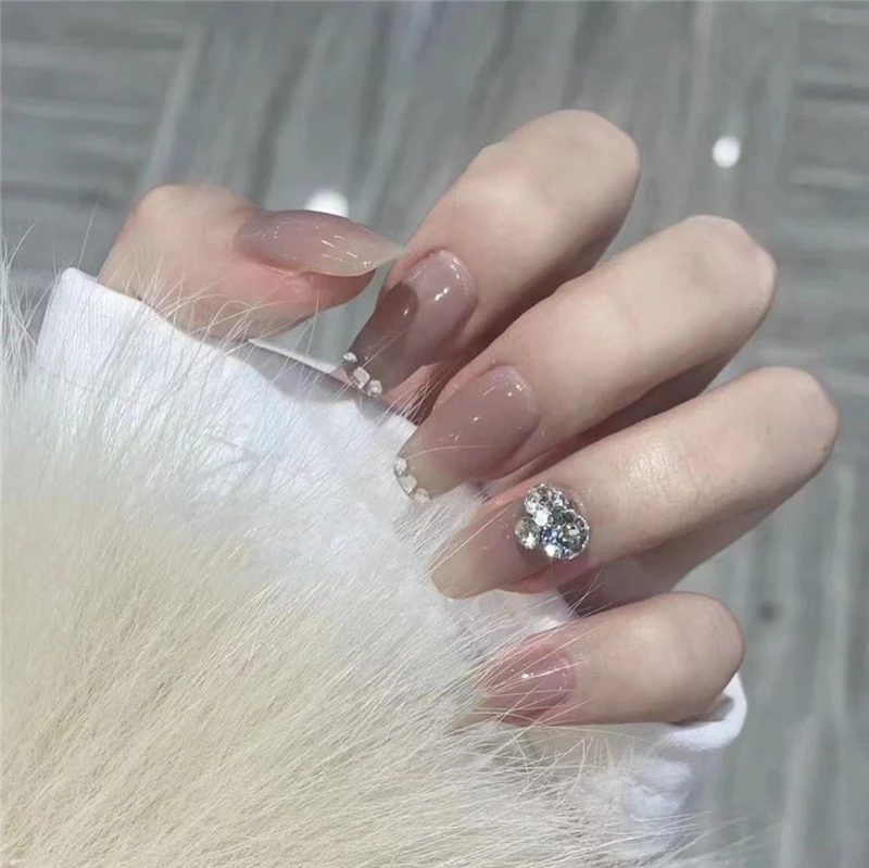 

Jelly grey diamond false nails press on nails rhinestone finger nails press on