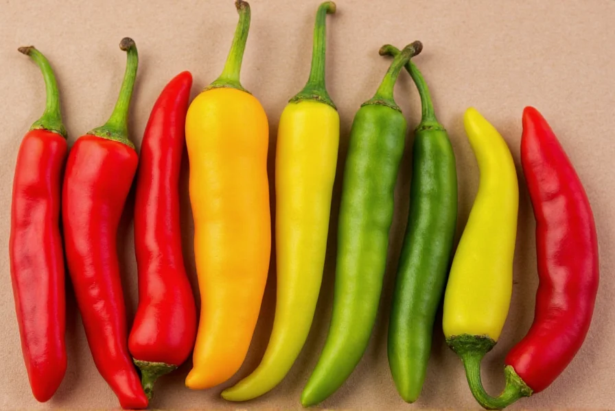Close-up comparison of 10 different chili pepper varieties showing shape, color and size differences for visual identification guide