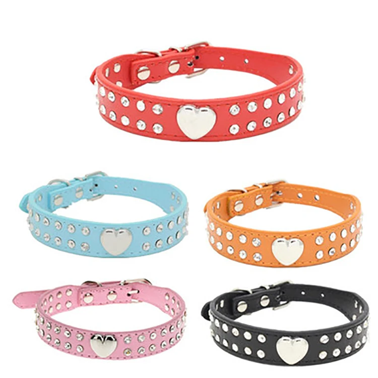 

Wholesale Small Blinged Heart PU Pet Dog Cat Collar Leather Rhinestone Dog Collar, Picture