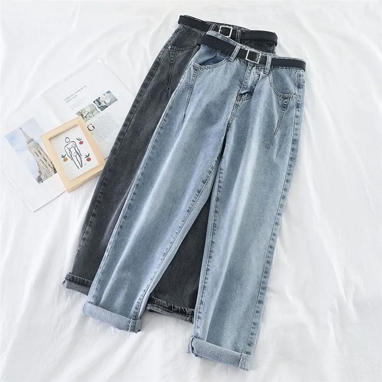 

Korean High Waist Jeans Women Harem Pants Loose Casual Plus Size Denim Trousers Female Vintage With Belt, As pic