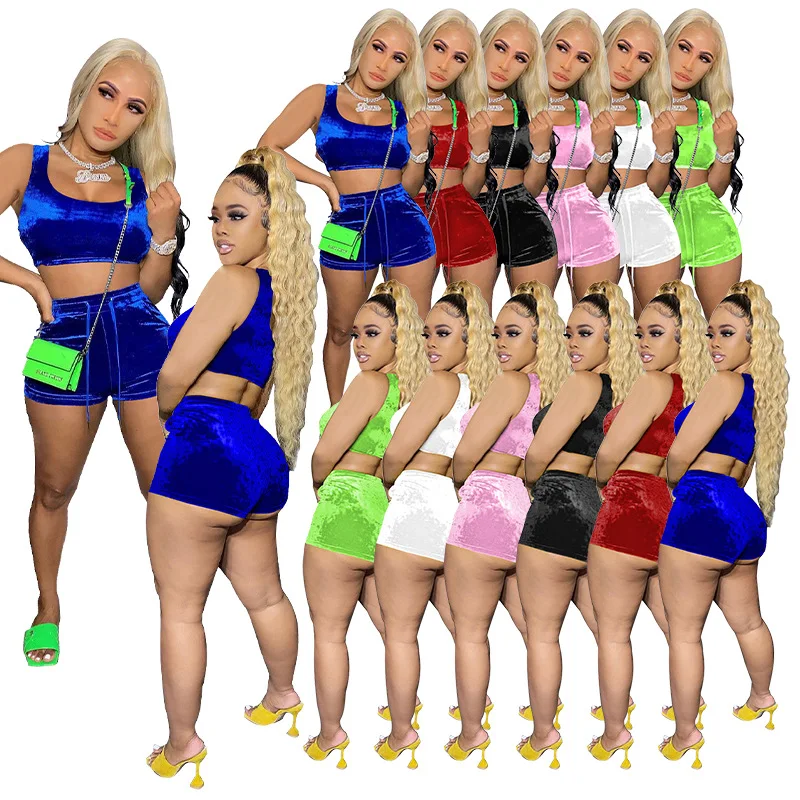 

Women Tracksuit Velvet Two Piece Set Shorts and Crop Top Casual Set 2 Piece Biker Short Set Women Club Outfits, Black white pink red green blue